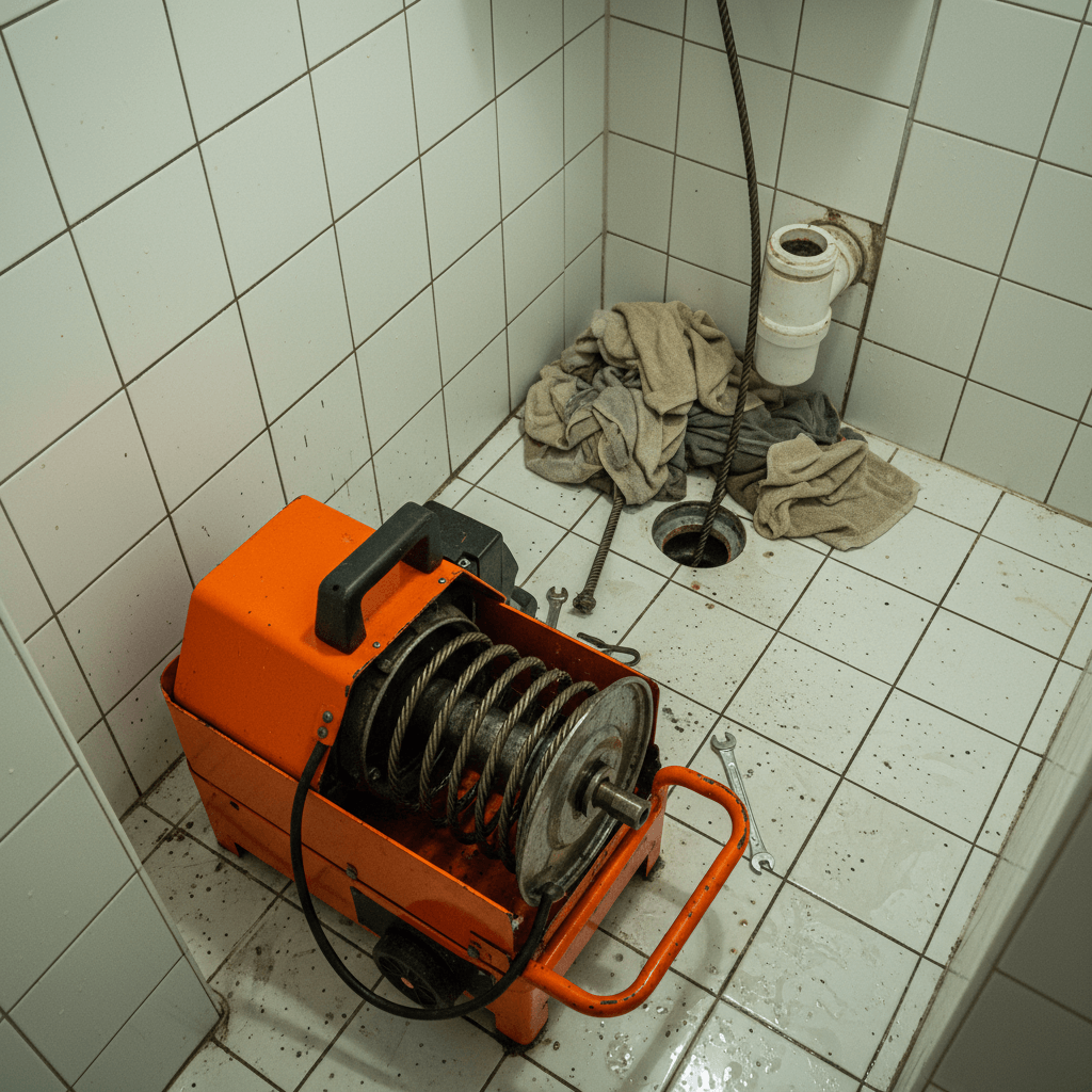 Rohrreinigung Spezialist bei der Arbeit mit moderner Spirale im Badezimmer