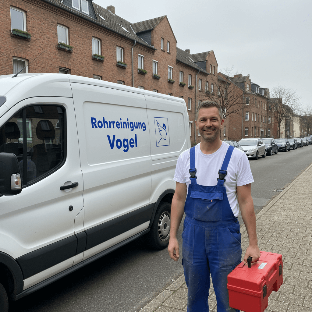 Lukas Vogel bei der Arbeit mit freundlichem Lächeln und Werkzeugkoffer